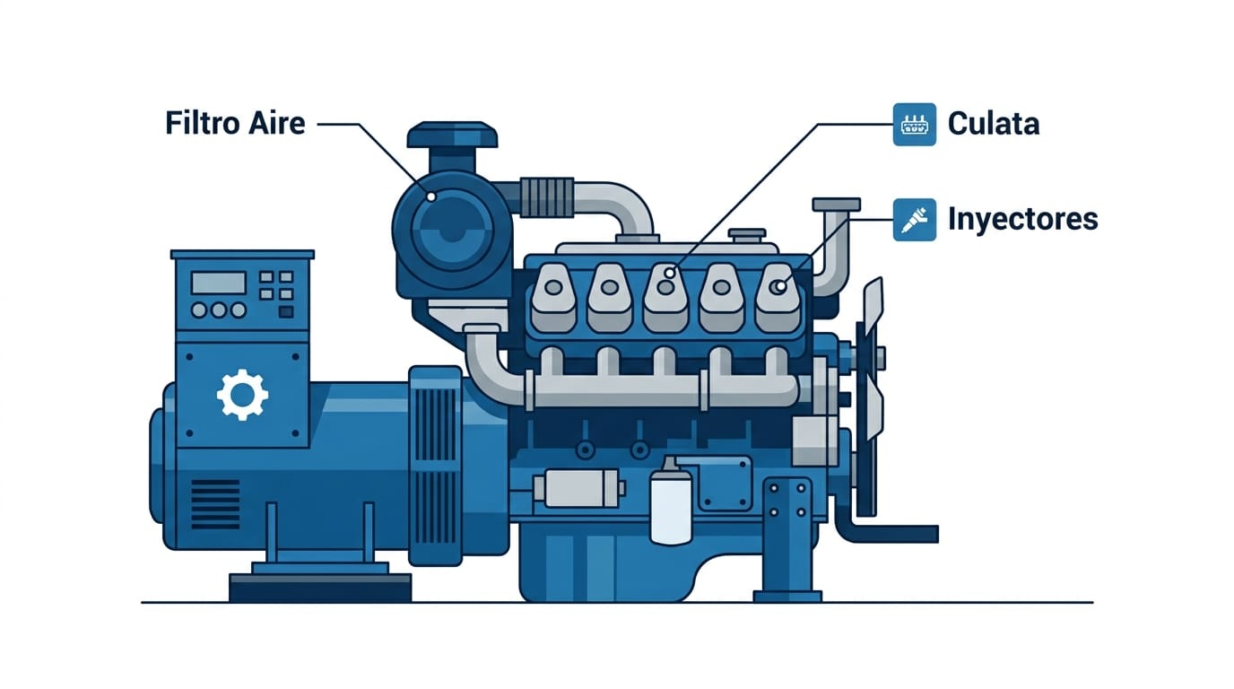 Diagrama de componentes clave en un motor de generador eléctrico para mantenimiento preventivo.
